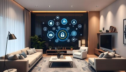 Smart interior room with digital icons and  well furnished furniture with dynamic technology. Concept of all appliances and Device Syncing are connected with internet.