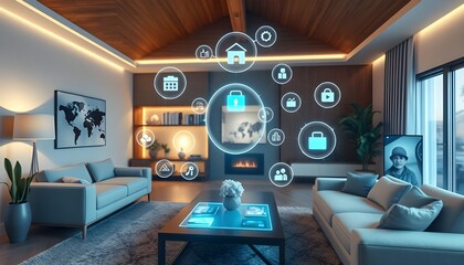 Smart interior room with dynamic icons and modern furnished furniture with futuristic technology. All smart appliances and devices are connected with internet concept.