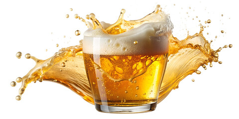 Beer glass with dynamic splash capturing the energy of a fresh pour, perfect for beverage promotions, transparent PNG file