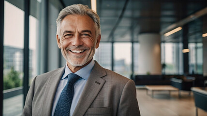 A successful senior businessman smiling in a modern office building