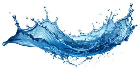 Dramatic blue water splash with droplets, symbolizing vitality and energy, suitable for advertising clean and fresh products, transparent PNG file