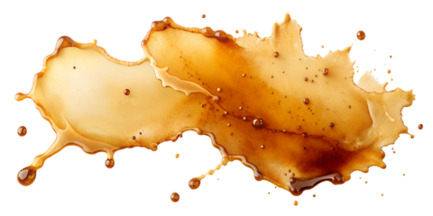 Large coffee spill with splashes and droplets, isolated for creative projects. Transparent PNG file.