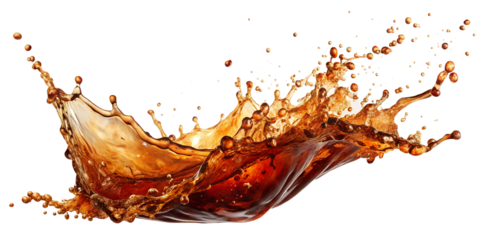 Dark cola splash with droplets and fizzy bubbles, isolated. Ideal for beverage designs. Transparent PNG file.