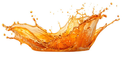 Dynamic orange liquid splash with droplets, showcasing motion and energy, transparent PNG file