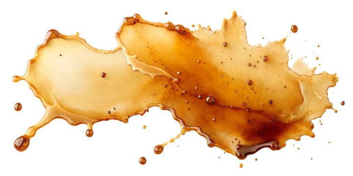 Large coffee spill with splashes and droplets, isolated for creative projects. Transparent PNG file.