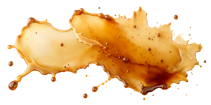 Large coffee spill with splashes and droplets, isolated for creative projects. Transparent PNG file.