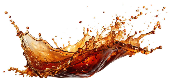 Dark cola splash with droplets and fizzy bubbles, isolated. Ideal for beverage designs. Transparent PNG file.