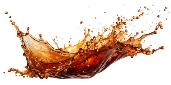 Dark cola splash with droplets and fizzy bubbles, isolated. Ideal for beverage designs. Transparent PNG file.