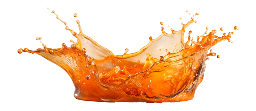 Captivating splash of orange liquid with intense motion and droplets, isolated, transparent PNG file