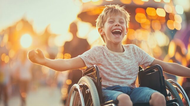 A joyful boy in a wheelchair enjoys a funfair, radiating happiness and excitement against a vibrant sunset backdrop.