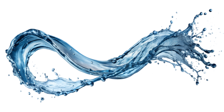 Curved blue water splash with intricate droplets, emphasizing movement and fluidity, isolated, transparent PNG file