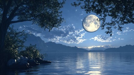 Moonlit Lake and Mountain Serenity