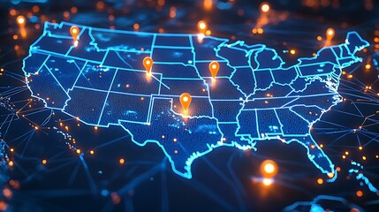  A high-tech, illuminated 3D map of the United States, showcasing various pinpoint locations across the country. The map is vibrant with blue lights highlighting the states' boundaries 