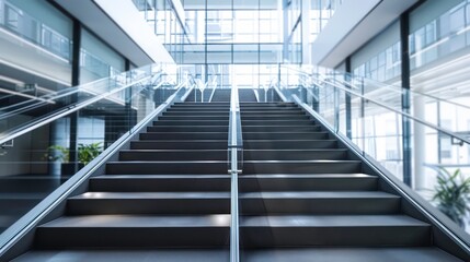 Fototapeta premium Modern stairway with glass railings leading up to a bright, windowed space.