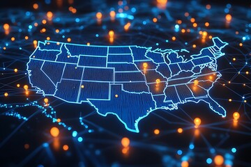 Fototapeta premium A high-tech, illuminated 3D map of the United States, showcasing various pinpoint locations across the country. The map is vibrant with blue lights highlighting the states' boundaries 