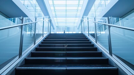 A view of a modern staircase with glass railings and a bright skylight.
