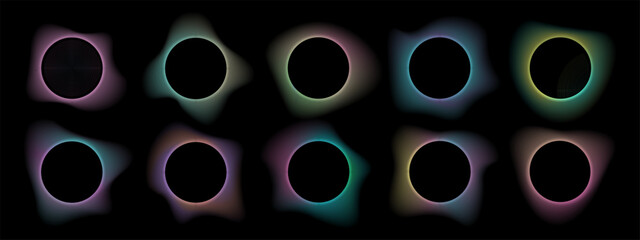 Set of gradients with blurred frames abstract shapes. Collection of futuristic glowing, neon colored with aura round liquid shapes for website design, banners . Vector illustration on black background