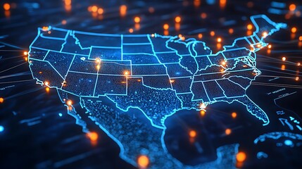 Fototapeta premium A high-tech, illuminated 3D map of the United States, showcasing various pinpoint locations across the country. The map is vibrant with blue lights highlighting the states' boundaries 