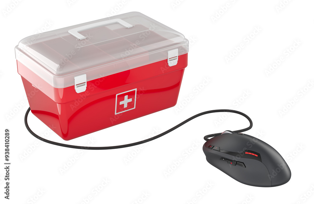 Poster first aid kit with computer mouse, medical help online concept. 3d rendering isolated on transparent