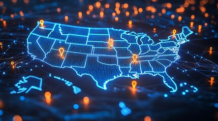Fototapeta premium A high-tech, illuminated 3D map of the United States, showcasing various pinpoint locations across the country. The map is vibrant with blue lights highlighting the states' boundaries 