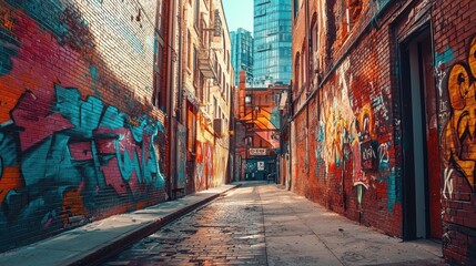 Fototapeta premium Urban Alleyway Graffiti Art. Buildings a