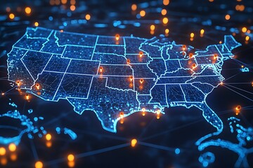 Obraz premium A high-tech, illuminated 3D map of the United States, showcasing various pinpoint locations across the country. The map is vibrant with blue lights highlighting the states' boundaries 