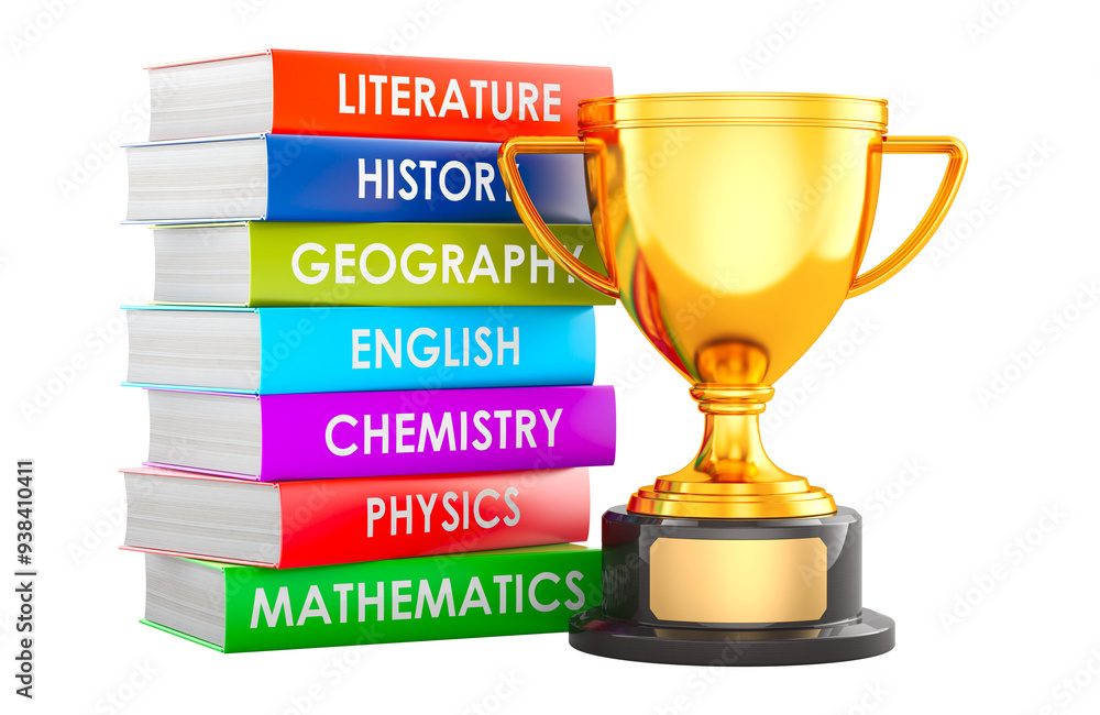 Poster stack of textbooks with gold trophy cup award, 3d rendering isolated on transparent background