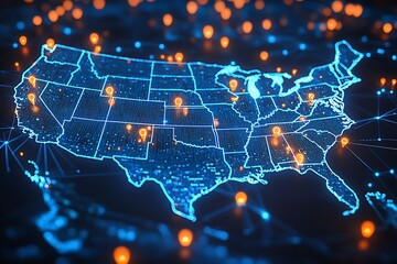 Obraz premium A high-tech, illuminated 3D map of the United States, showcasing various pinpoint locations across the country. The map is vibrant with blue lights highlighting the states' boundaries 