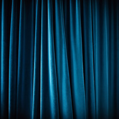 Curtain with soft smooth flowing folds. Deep blue color and luxurious texture create a dramatic and elegant atmosphere. Decoration and interior design. Expensive curtain made of rich fabric. AI