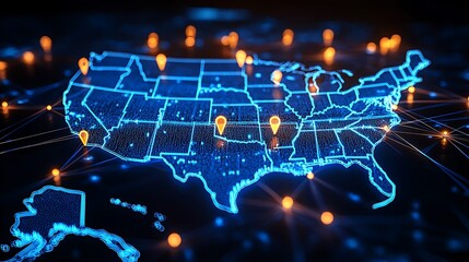  A high-tech, illuminated 3D map of the United States, showcasing various pinpoint locations across the country. The map is vibrant with blue lights highlighting the states' boundaries 