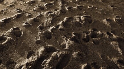 Footprints on the sandy beach during sunset. Close-up.