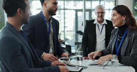 Business, people and shaking hands at corporate seminar with opportunity, onboarding or meeting. Introduction, happy man and woman with handshake, networking or connect at conference for company deal