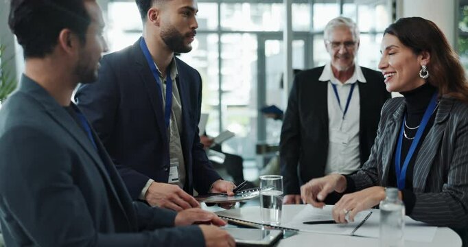 Business, people and shaking hands at corporate seminar with opportunity, onboarding or meeting. Introduction, happy man and woman with handshake, networking or connect at conference for company deal - Powered by Adobe