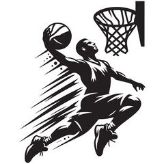 silhouette illustration of a basketball player performing a slam dunk