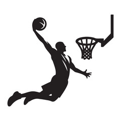 silhouette illustration of a basketball player performing a slam dunk © Sadia