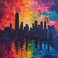 Silhouetted Cityscape Against a Rainbow Sky