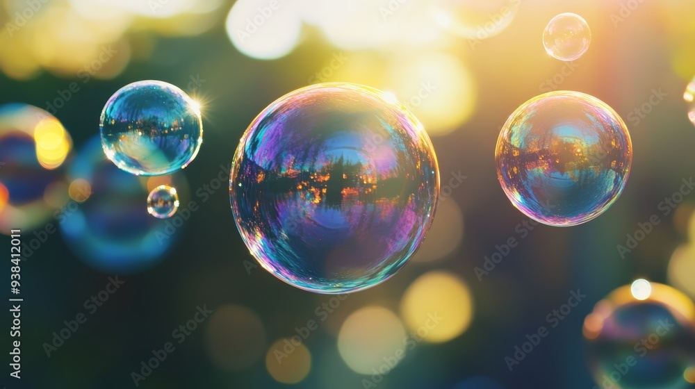 Sticker A captivating image of vibrant soap bubbles suspended in the air against a backdrop of warm sunlight. The bubbles shimmer with iridescent colors, reflecting the surrounding environment. The image evok