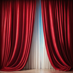 Curtain with soft smooth flowing folds. Deep red maroon color and luxurious texture create a dramatic and elegant atmosphere. Decoration and interior design. Expensive curtain made of rich fabric. AI