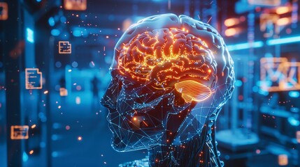 A digital rendering of a human brain with glowing neurons and network connections, symbolizing artificial intelligence and technological advancement.