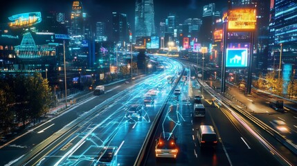 A captivating image of a futuristic cityscape at night, showcasing the seamless integration of technology and transportation. Autonomous vehicles navigate a network of interconnected roads, highlighti