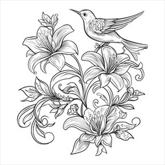 A hummingbird is perched on a flower with a branch. coloring page for adult.