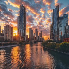 Obraz premium Chicago Skyline at Sunset with Reflections in the River