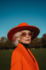 Stylish mature woman exuding confidence in a red hat and sunglasses, standing in a park