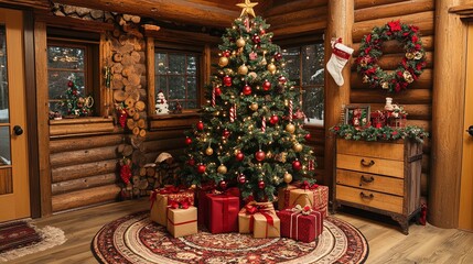Transform Your Space: Rustic Christmas Charm of a Wooden Cabin with a Decorated Tree and Gift Boxes - Perfect for Holiday Poster D&eacute;cor!