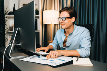 Smart businessman analyzing business paragraph dynamic database marketing analysis plan surrounded...