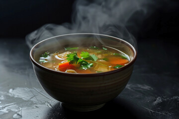A bowl of soup with steam rising from it