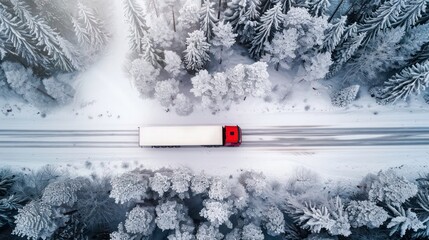 Aerial view of a red semi truck driving on a snowy road surrounded by snow-covered trees.
