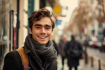 Fototapeta premium A young man with a backpack and scarf is smiling in front of a building.