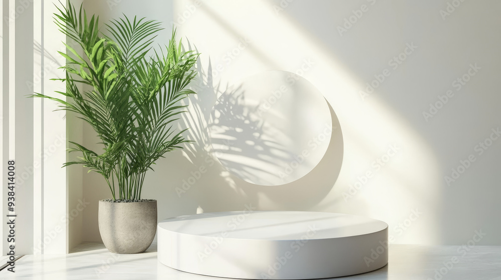 Wall mural A simple scene featuring a circular podium paired with an indoor plant. The clean and beautiful background provides an ideal setting for banners, posters, and mockups.