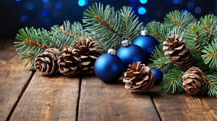 Fir branches with blue balls and cones on a wooden background Festive frame of blue and gold Christmas decorations with cones and fir branches on a textured background.